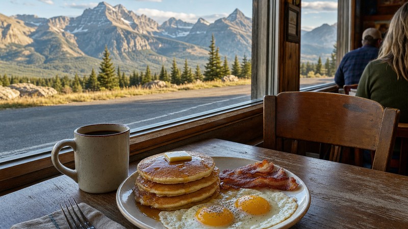 Illustrated café breakfast near Glacier’s St. Mary gateway
