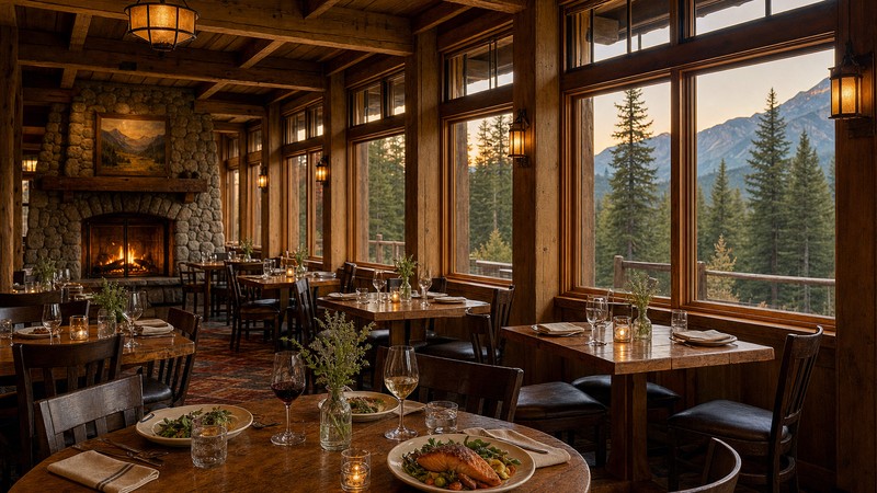 Illustrated west-side lodge dining room near Glacier