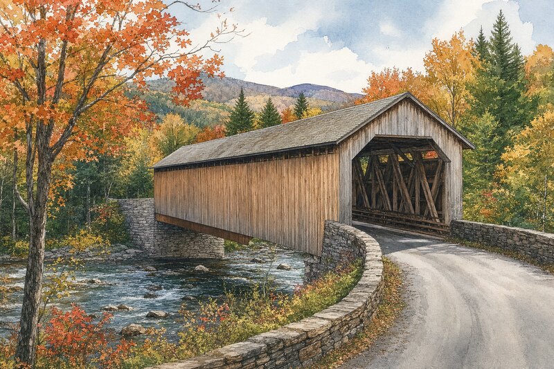 Contextual illustration of a Southern Vermont covered bridge approach