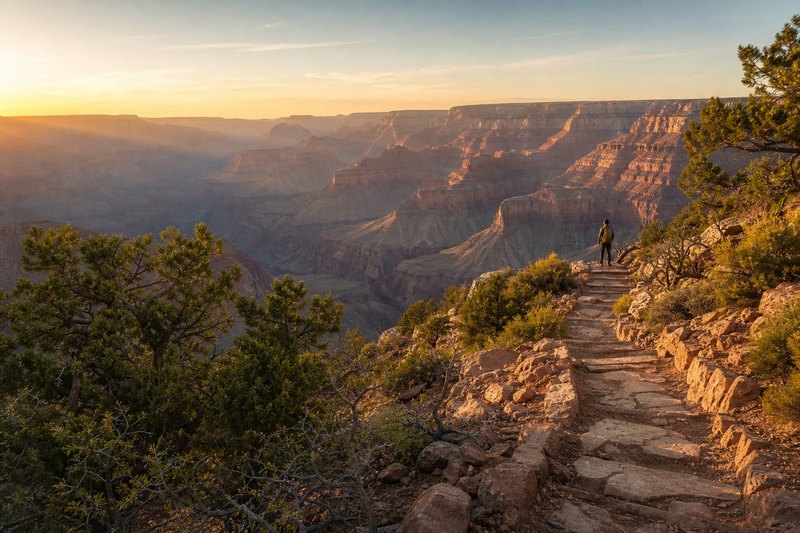 A warm Grand Canyon rim trail with canyon layers beyond