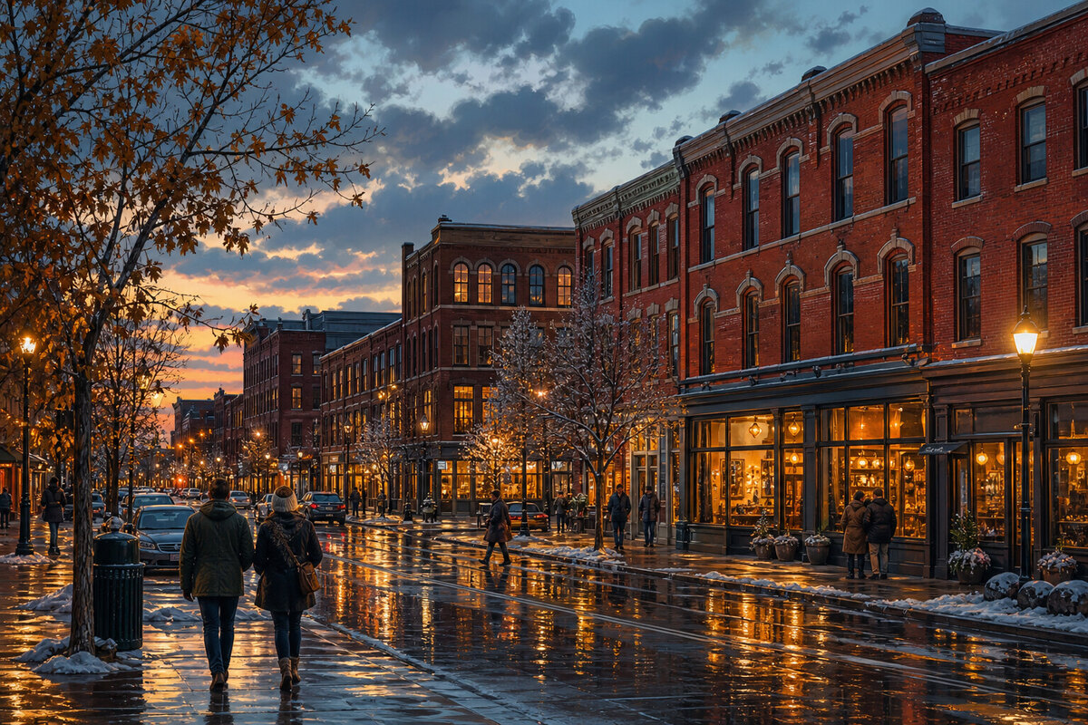 Downtown Green Bay brick streets at evening