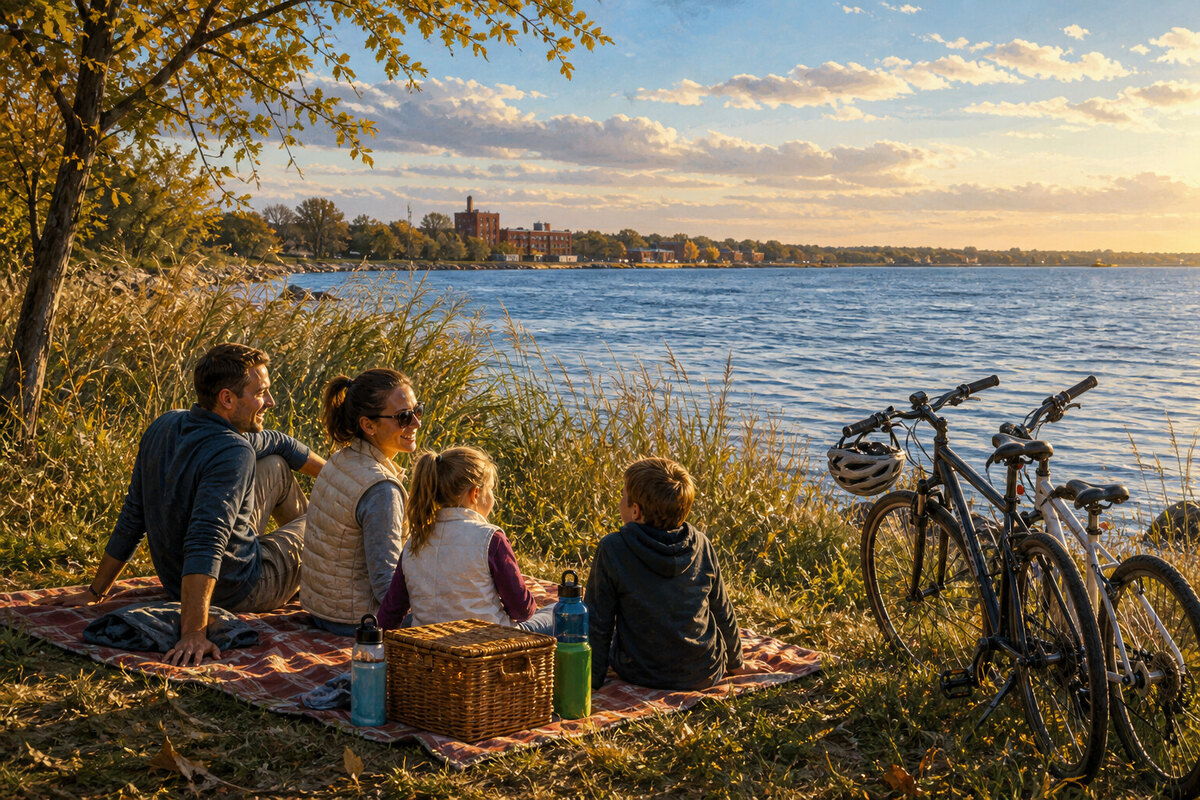 Family relaxing beside Green Bay waterfront