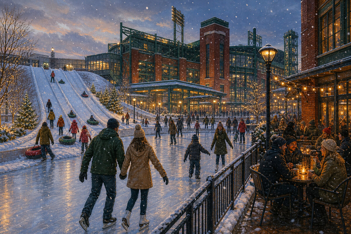 Winter plaza and tubing hill near the Green Bay stadium district
