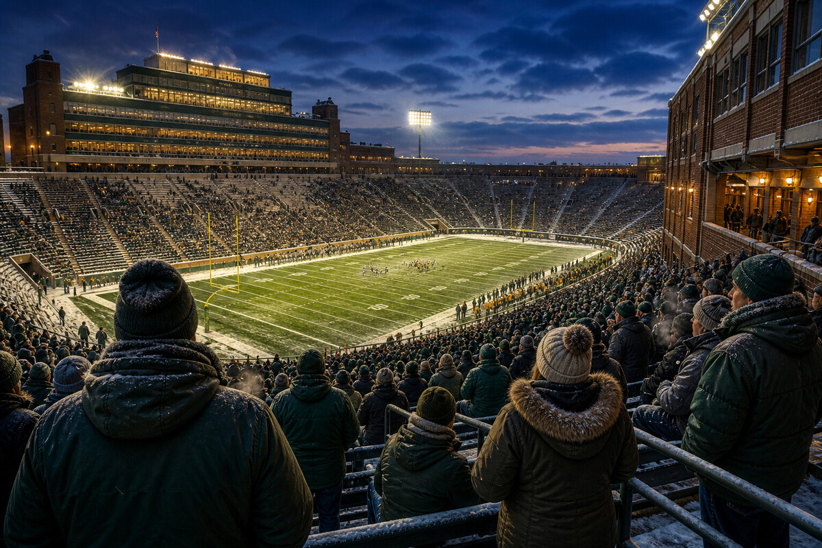 Snowy historic football stadium bowl on a winter evening