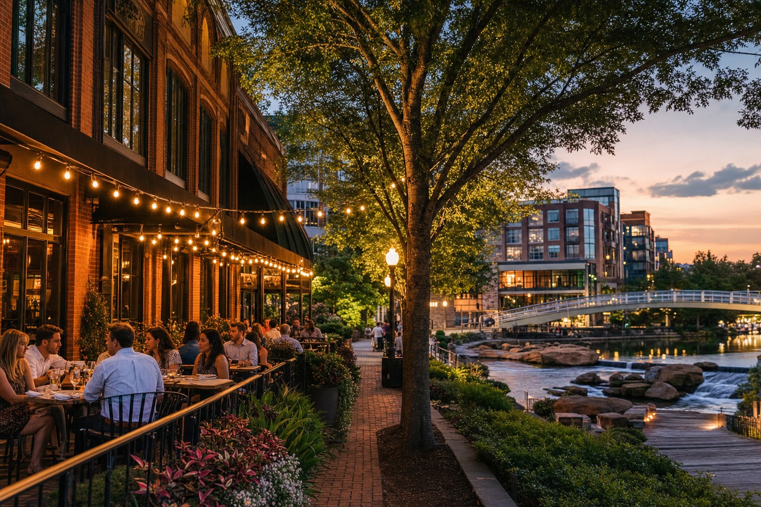 Contextual downtown Greenville patio dining near the river