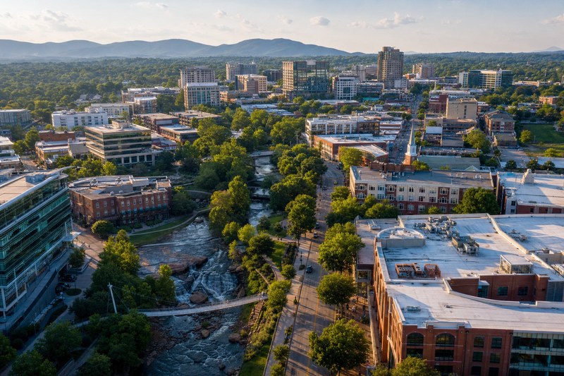 Overhead view of downtown Greenville and the Reedy River