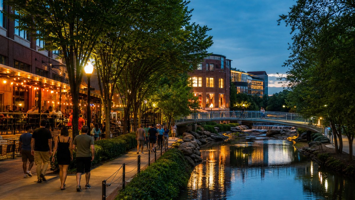 Downtown Greenville along the Reedy River in the evening