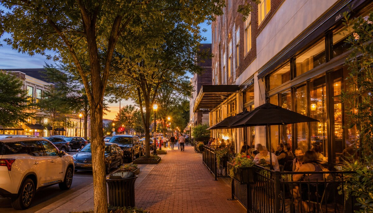 Greenville-style downtown riverfront evening