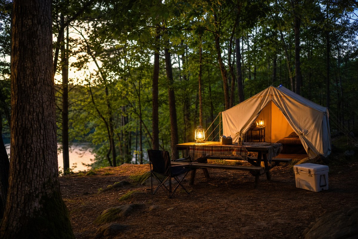 Evening campsite under trees at Paris Mountain State Park