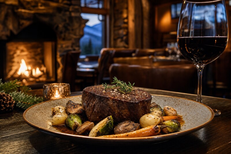 Wild-game steak dinner in a warm lodge-style dining room inspired by Saskatoon