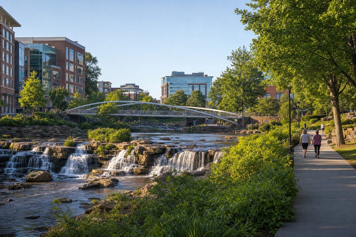 Illustrative downtown Greenville river-park morning
