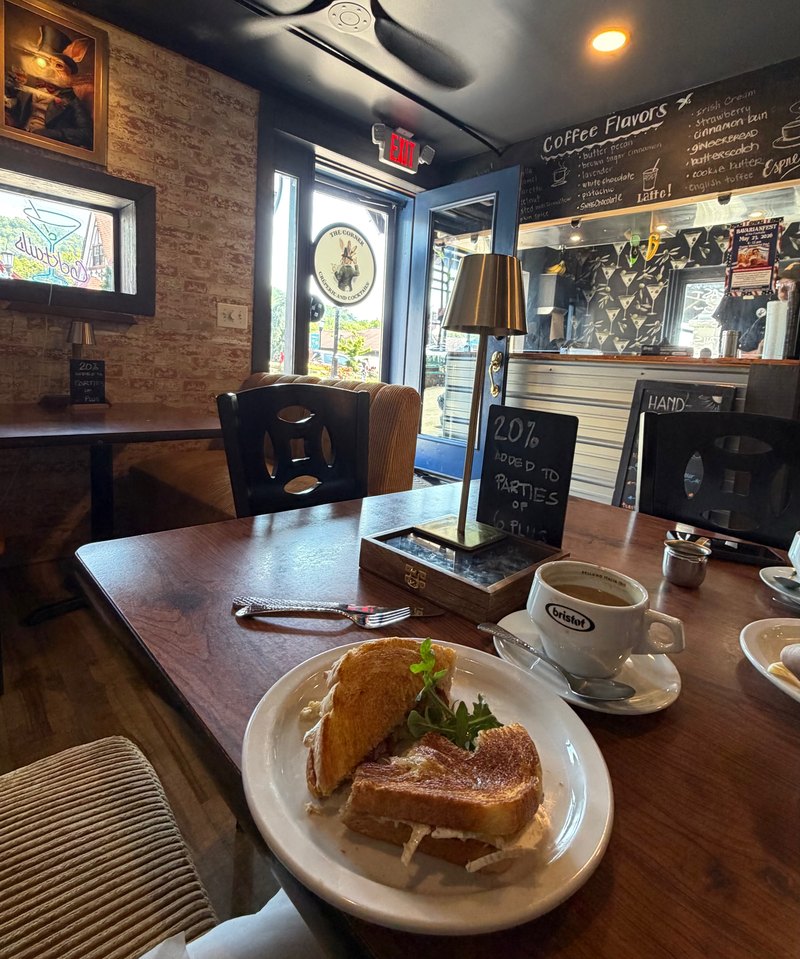 Coffee and sandwich table at The Corner Creperie in Helen Georgia