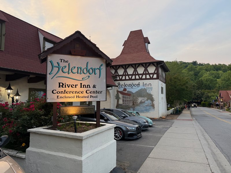 Helendorf River Inn exterior in walkable Helen Georgia