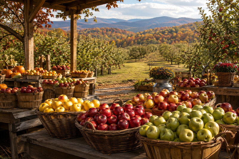 Henderson County farm stand with baskets of seasonal apples