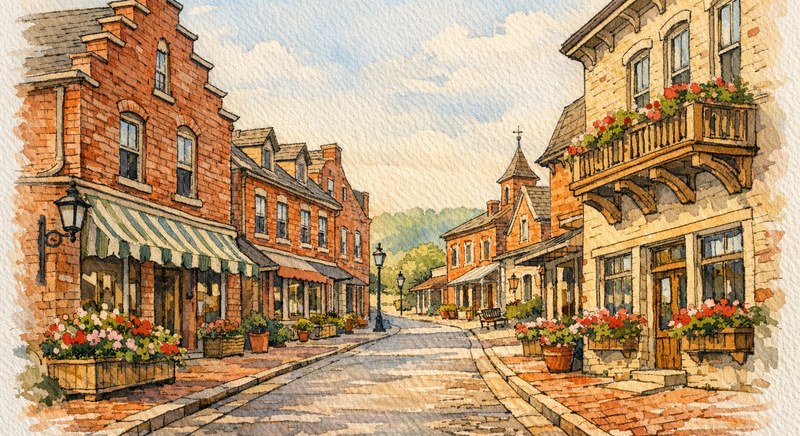 Historic Hermann streetscape with brick buildings and hillside character