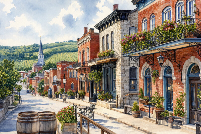 Historic Hermann streetscape with German-influenced architecture