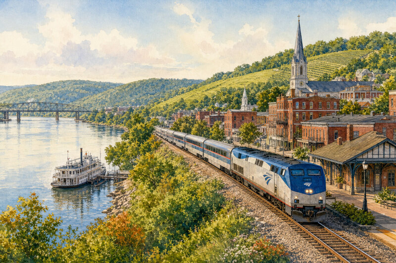 Riverfront and rail arrival atmosphere in Hermann