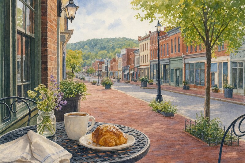 Contextual coffee and pastry table on a historic Hermann streetscape