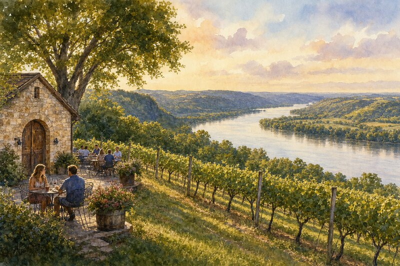 Contextual vineyard terrace and cellar scene in Missouri wine country