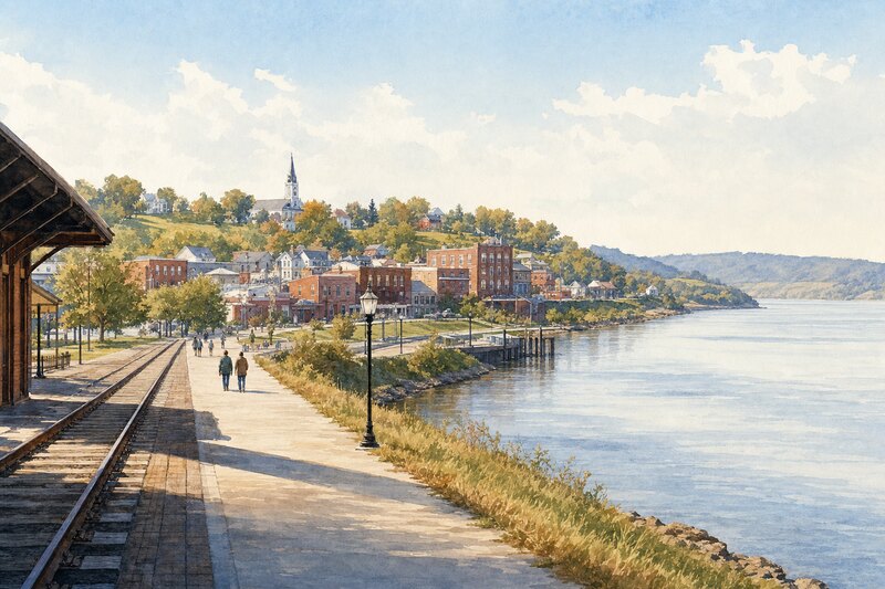 Contextual rail-and-riverfront view inspired by Hermann's Wharf Street arrival