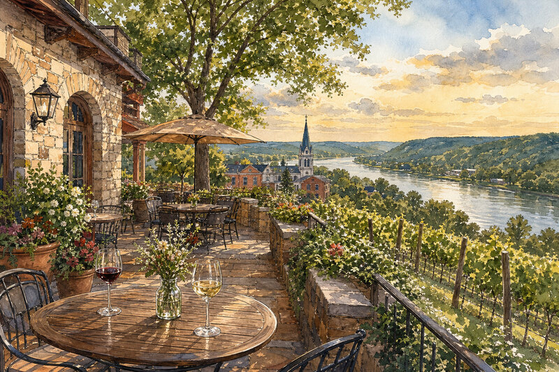 Winery patio and tasting scene in Hermann