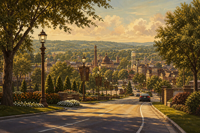 Road into Hershey with farms and the amusement park skyline