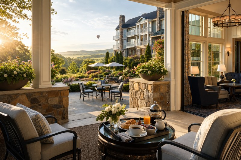 Hershey-area inn terrace with breakfast and garden views