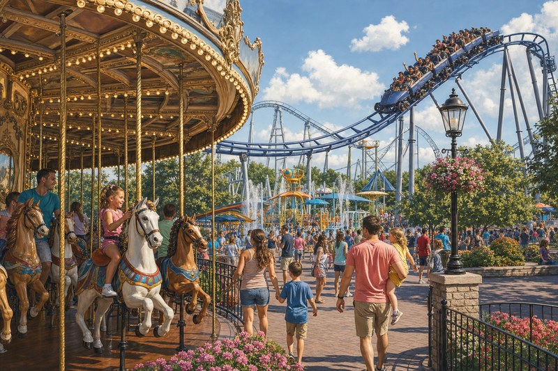 Carousel, family midway, and roller coaster at Hersheypark