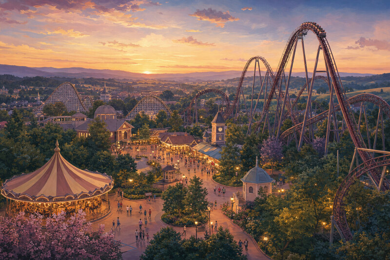 Warm evening illustration of Hersheypark coasters and midway lights