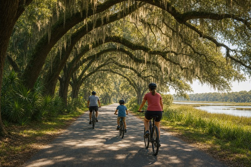 Hilton Head bike path shaded by live oaks