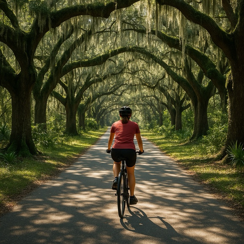 Hilton Head bike path shaded by live oaks