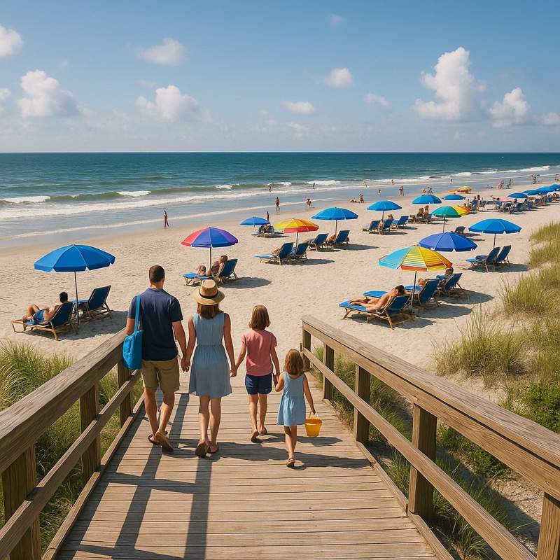 Family walking a Hilton Head boardwalk to the beach