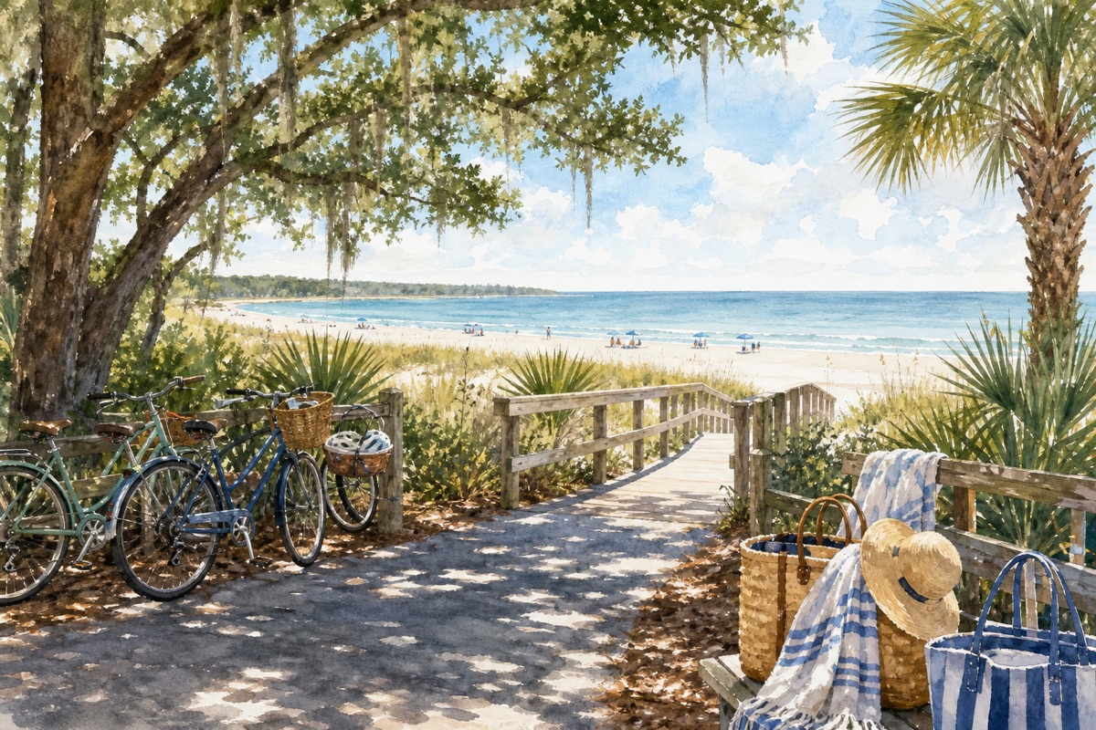 Watercolor cue art of bicycles parked by a Hilton Head beach boardwalk under live oaks