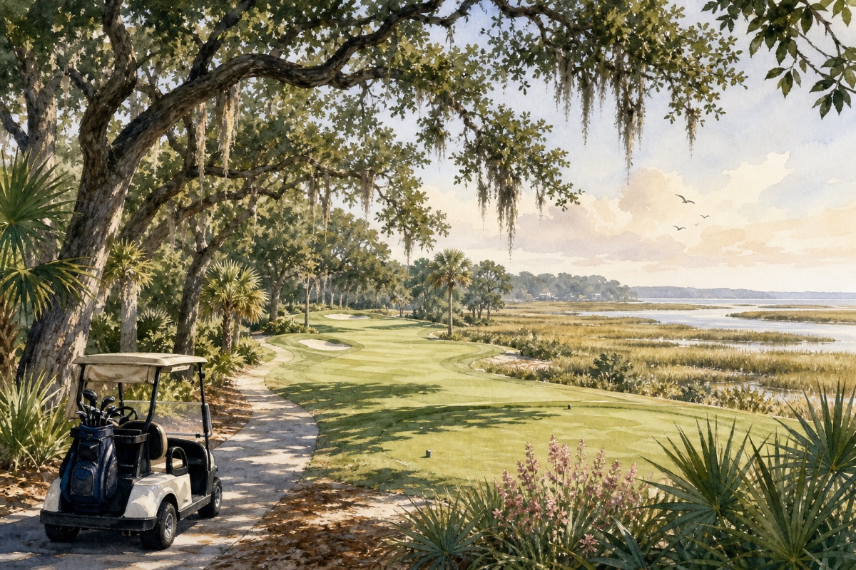 Watercolor cue art of a Hilton Head fairway beside marsh and live oaks in early tee-time light
