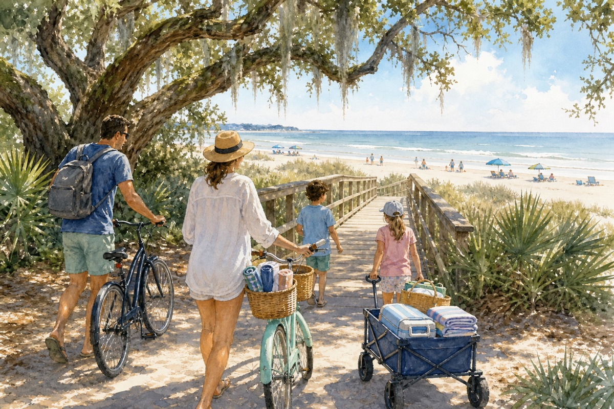 Watercolor cue art of a Hilton Head family rolling bikes and a beach wagon toward a shaded beach boardwalk