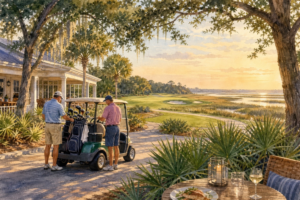 Watercolor cue art of Hilton Head golfers loading clubs near a clubhouse, marsh fairway, and sunset dinner table