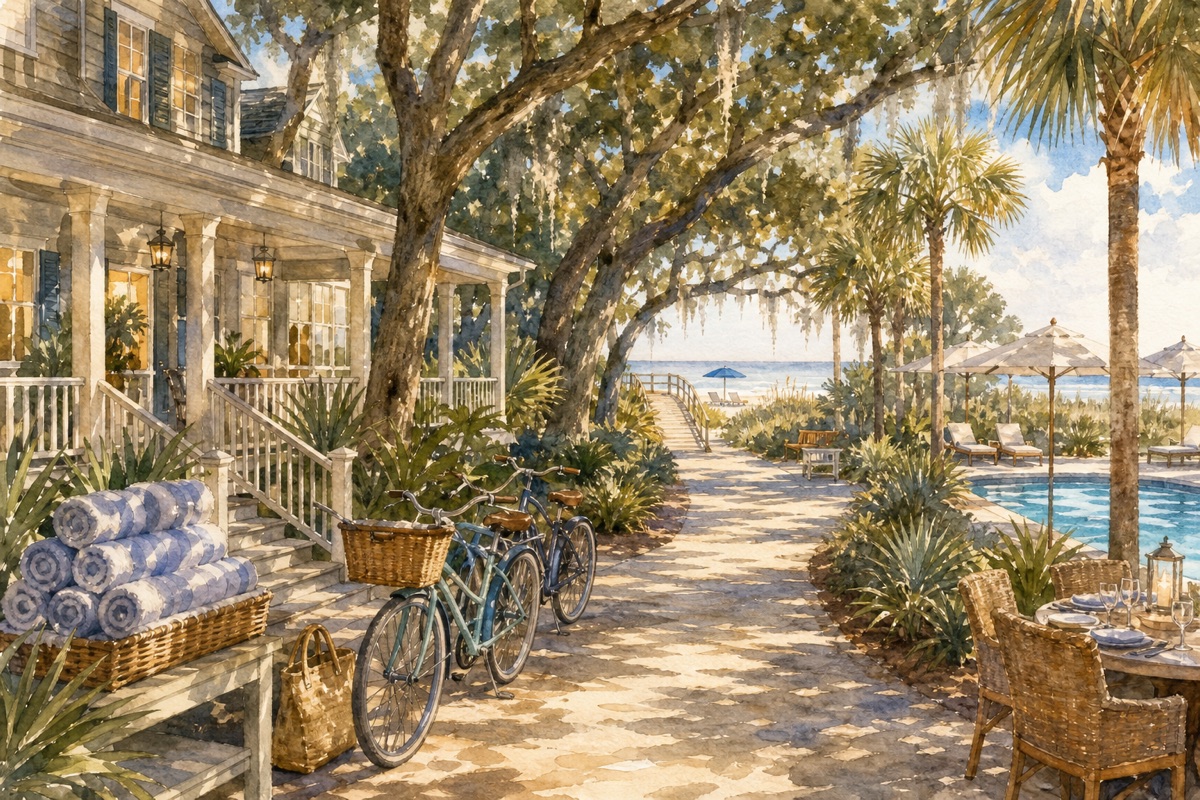 Watercolor cue art of a Hilton Head resort walkway connecting bikes, pool shade, beach boardwalk, and dinner seating