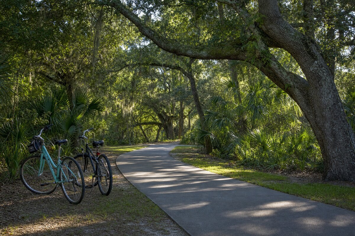 Bicycles beside a paved Hilton Head pathway shaded by live oaks and palmettos