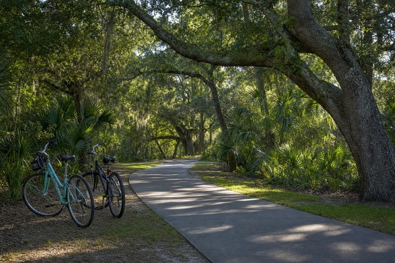 Bicycles beside a shaded Hilton Head public pathway