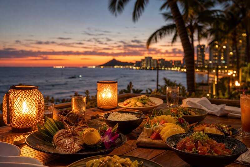 Honolulu sunset dinner table