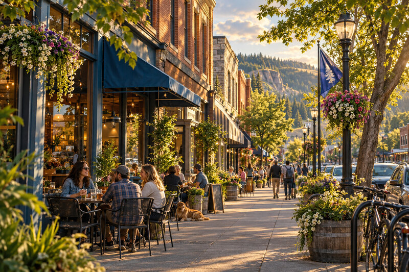 Illustrated downtown Hood River after an orchard drive