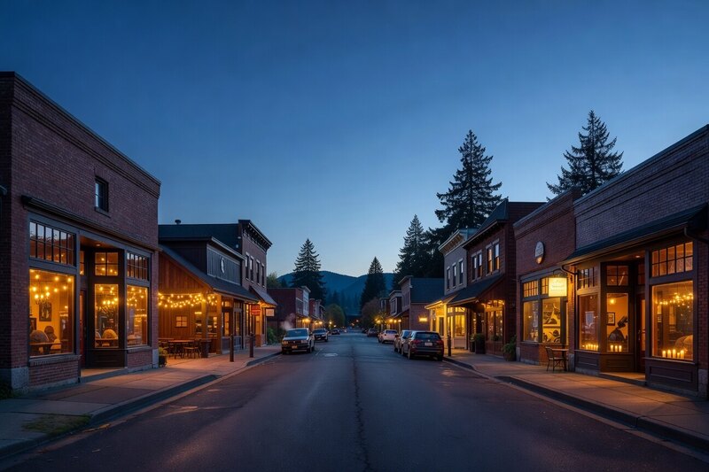 Illustrated downtown Hood River evening with shops and restaurants
