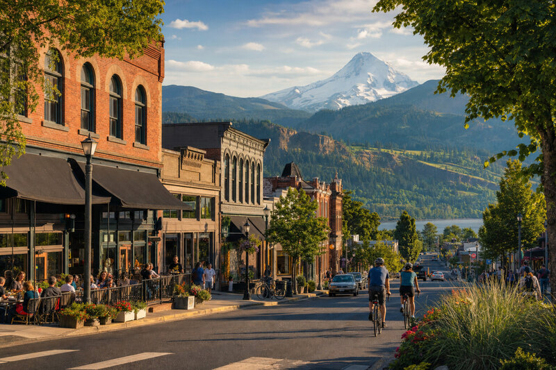 Illustrated downtown Hood River evening with shops and restaurants