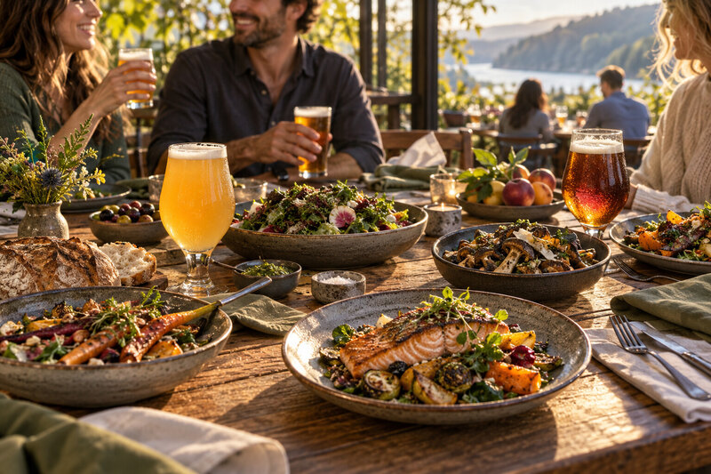 Contextual illustration of a Hood River dinner table with Columbia Gorge views