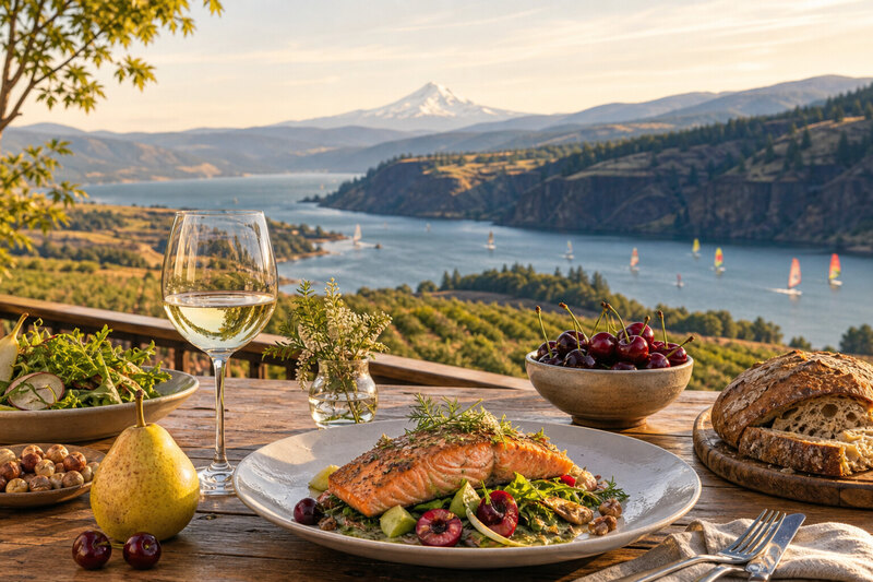 Contextual illustration of a Hood River dinner table with Columbia Gorge views