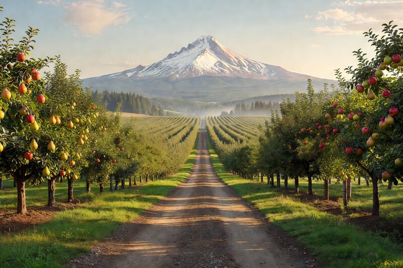 Illustrated Mount Hood view from a scenic road near Hood River