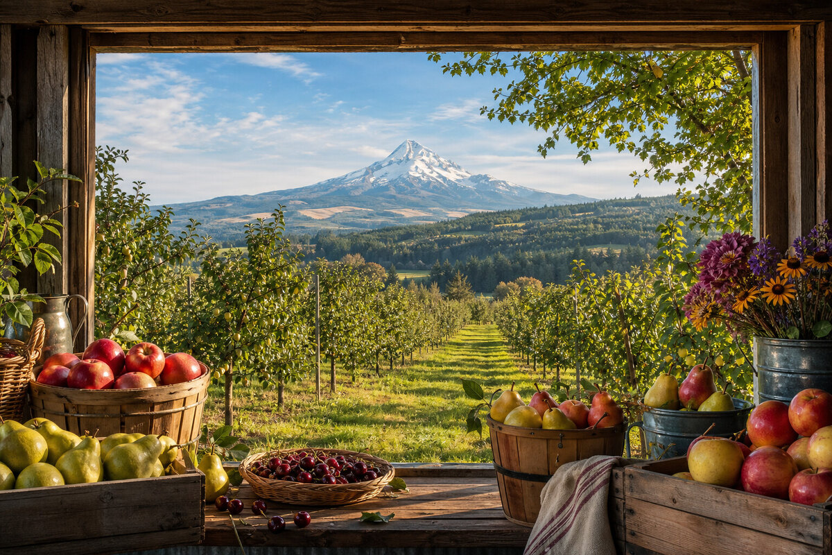 Hood River orchard road and farm stand with Mount Hood visible beyond town