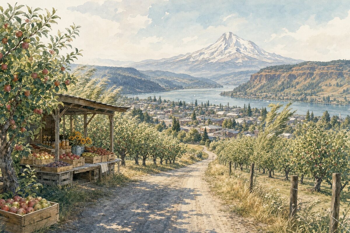 Hood River orchard road and farm stand with Mount Hood visible beyond town