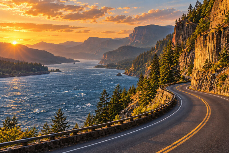 Contextual illustration of I-84 following the Columbia River through the Gorge