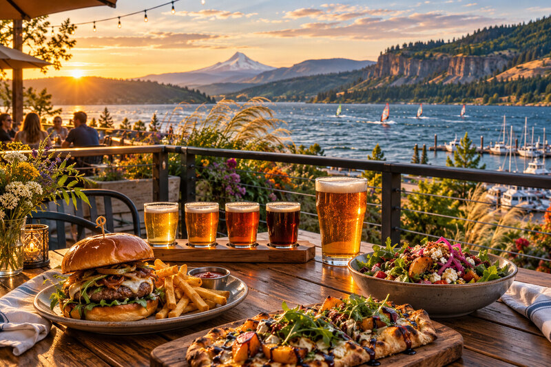 Contextual Hood River waterfront meal with beer, pizza, bicycles, and the Columbia Gorge